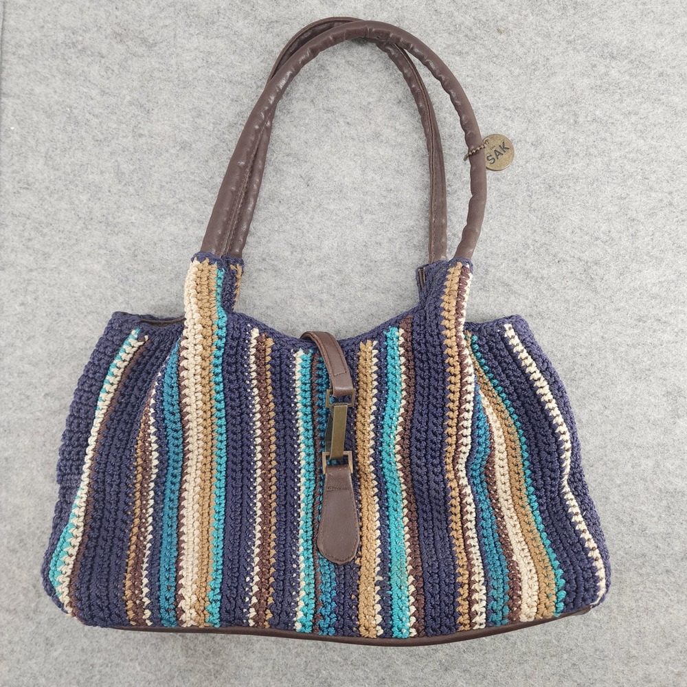 The Sak Blue Multi Striped Crochet Knit Boho Shoulder Bag Women OS